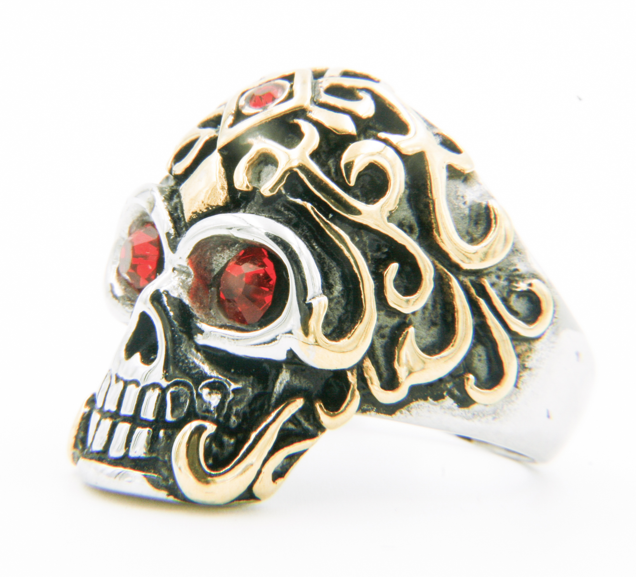 fusie Opsplitsen Afvoer Gold Patterned, Red Eye Skull Ring – SS Biker / Rock Star Rings